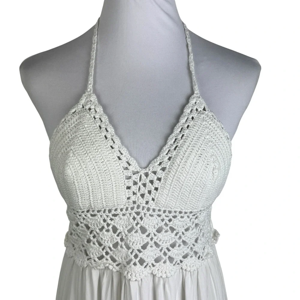 Lilbetter Elegant Crochet Halter Top‎ Elastic Waist Maxi Dress Women's XL White - Picture 2 of 10